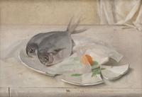 Two Butter Fish and a Yellow Tomato on a Broken Plate , 1988