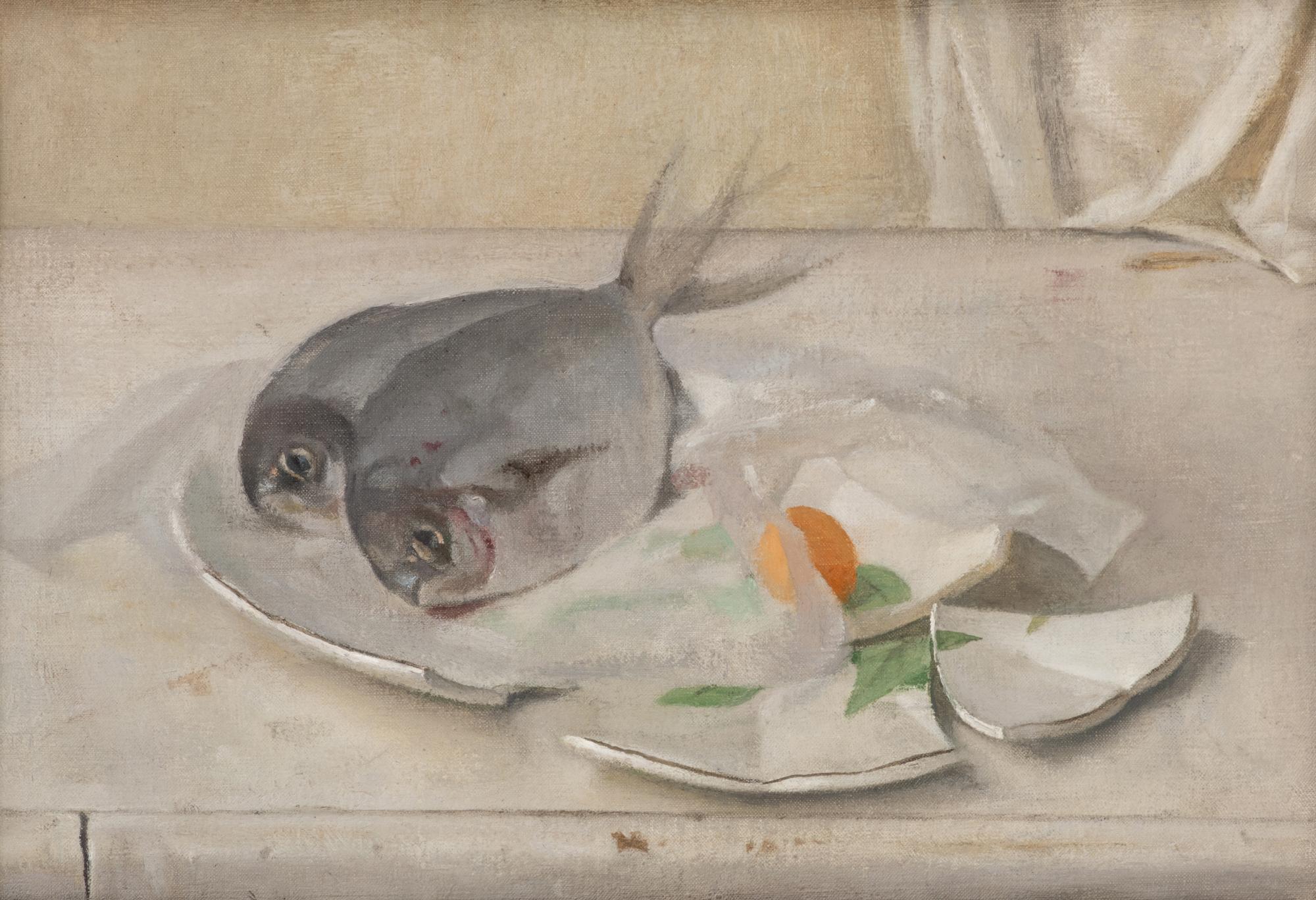 Two Butter Fish and a Yellow Tomato on a Broken Plate , 1988