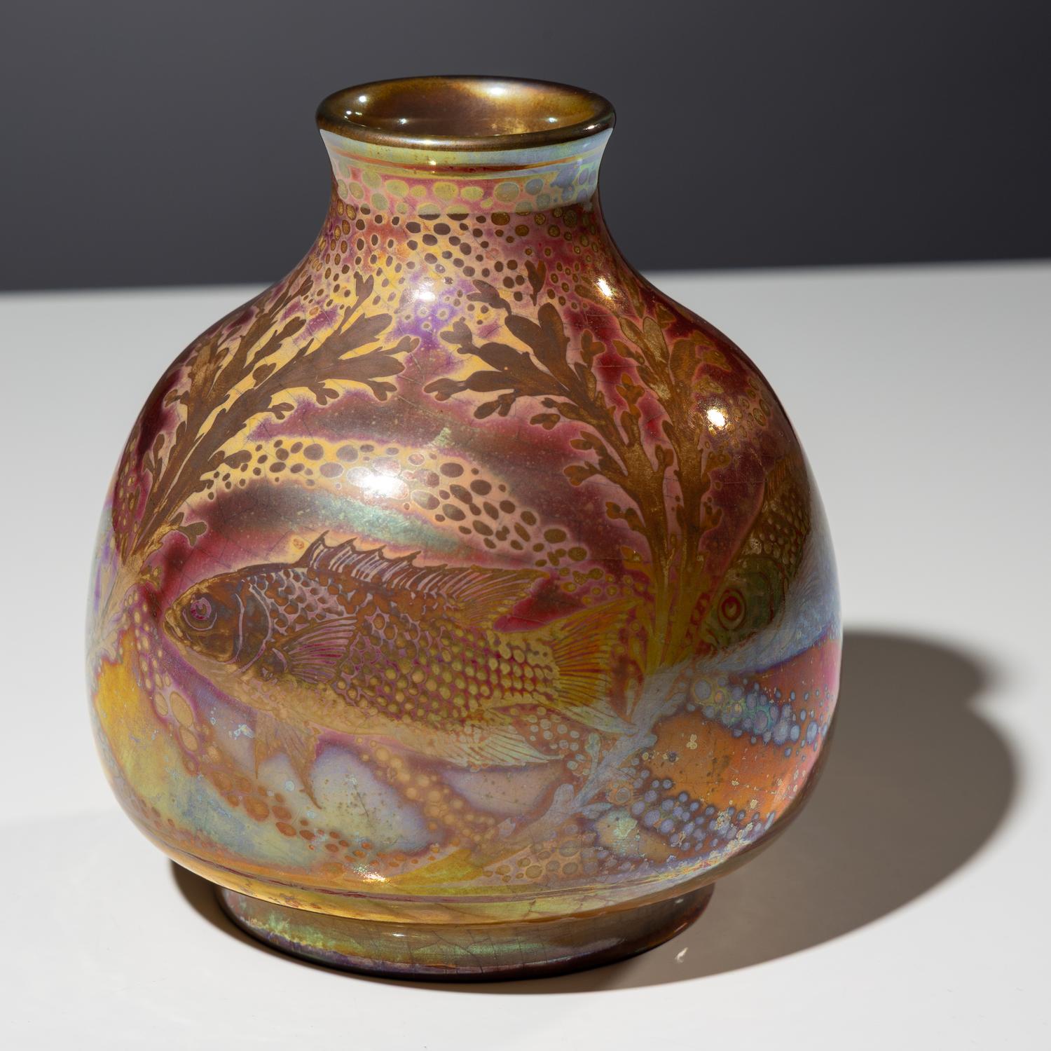 Lancastrian luster vase with fish decor, c. 1920
