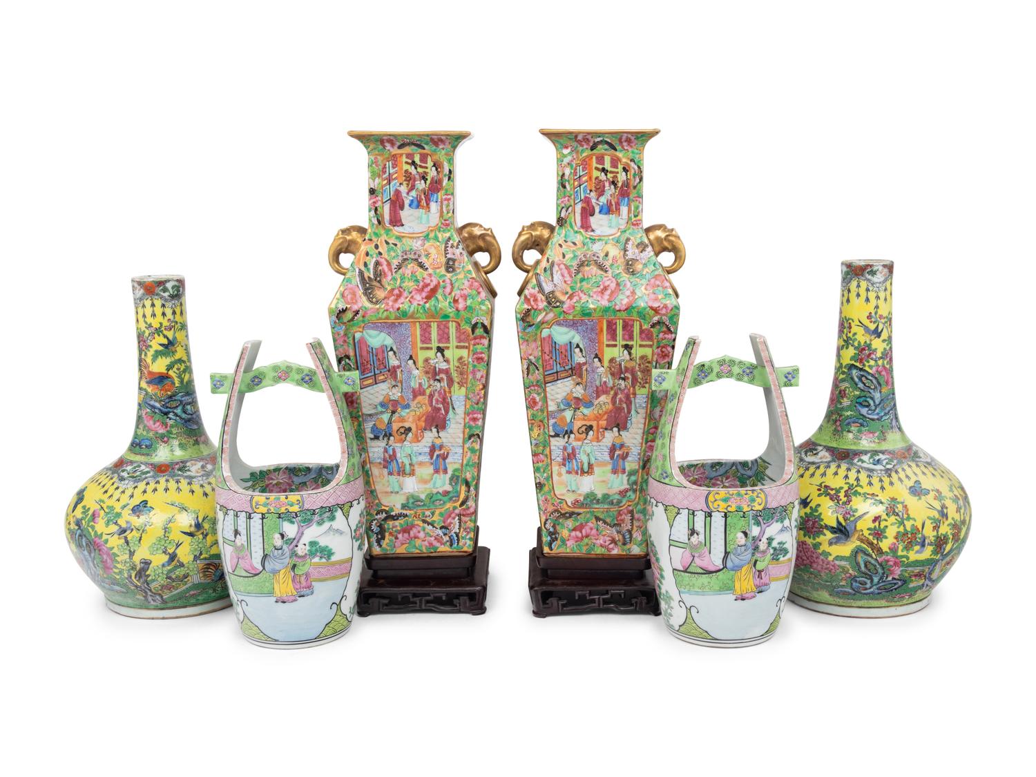 Three Pairs of Chinese and Japanese Famille Rose Porcelain Vases