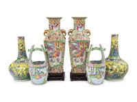 Three Pairs of Chinese and Japanese Famille Rose Porcelain Vases