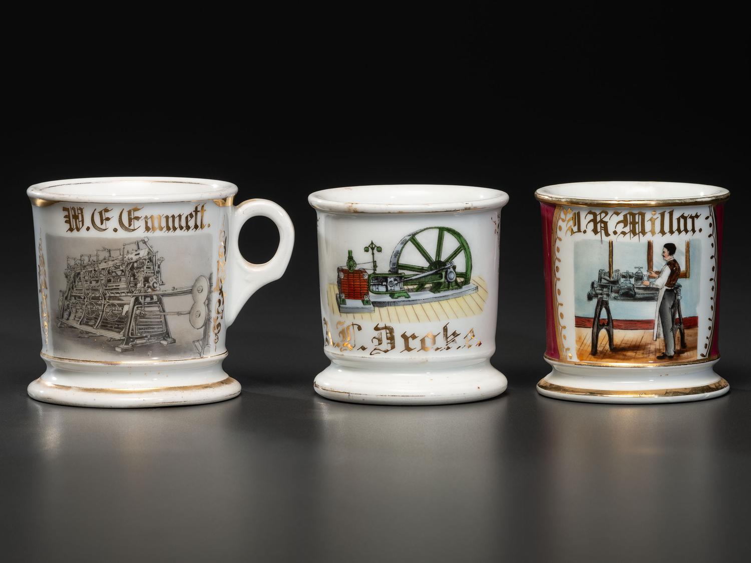 Three Machinist's Porcelain Occupational Shaving Mugs