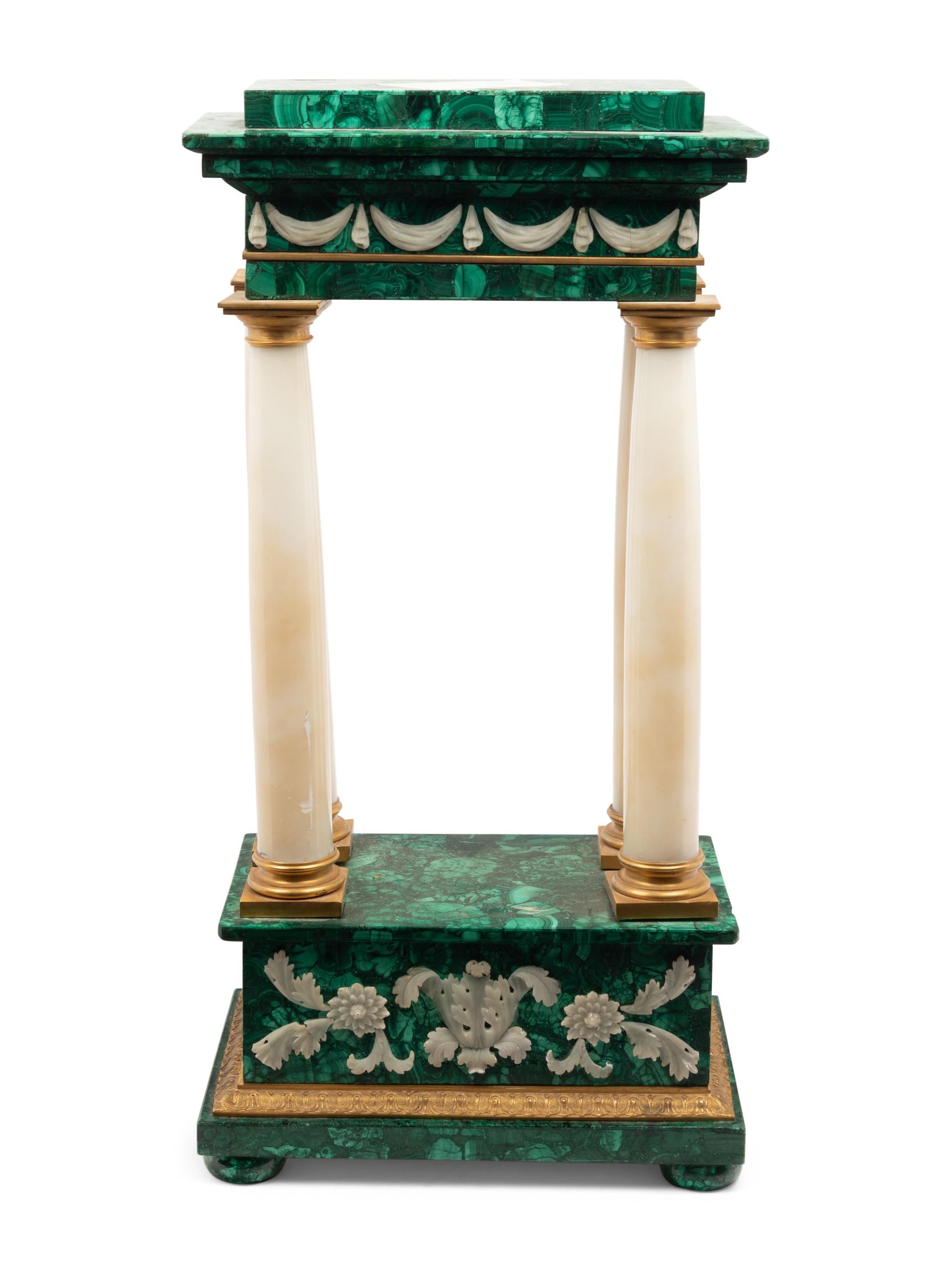 A Continental Gilt Bronze, Alabaster and Malachite Veneered Portico
