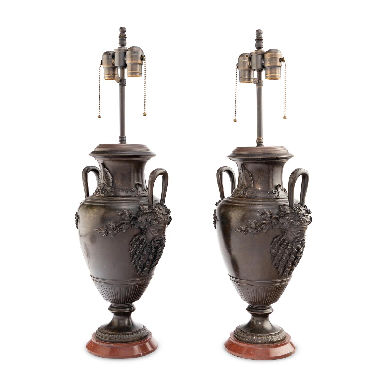 A Pair of Neoclassical Style Patinated Bronze and Rouge Griotte Marble Urns Mounted as Lamps
