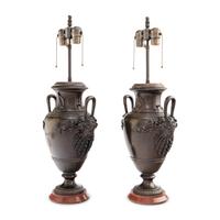 A Pair of Neoclassical Style Patinated Bronze and Rouge Griotte Marble Urns Mounted as Lamps