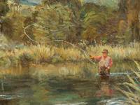 Two Works: Outlet, Lake Rotaroa , 1997, oil on board and Fish in the Stream, oil on canvas
