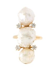 A Yellow Gold, Cultured Baroque Pearl and Diamond Ring, 4.90 dwts.