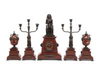 A French Egyptian Revival Bronze and Marble Five-Piece Clock Garniture