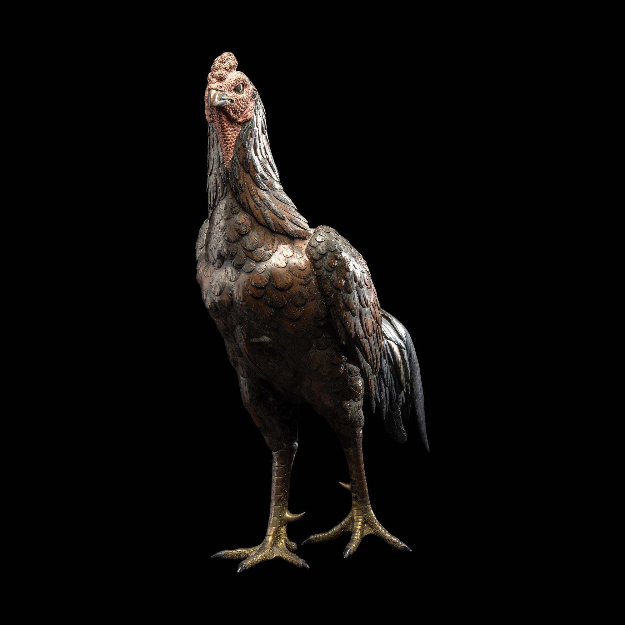 A Japanese Bronze Okimono of a Rooster, Meiji Period 日本明治時代 銅雕雄鷄