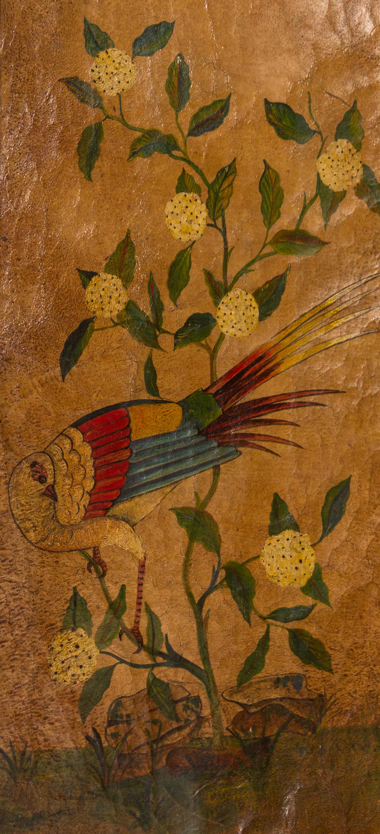 A Continental Painted Leather Six-Panel Screen Depicting Flora and Fauna