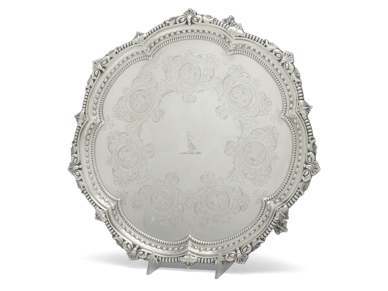 An Edwardian Armorial Engraved Silver Footed Tray