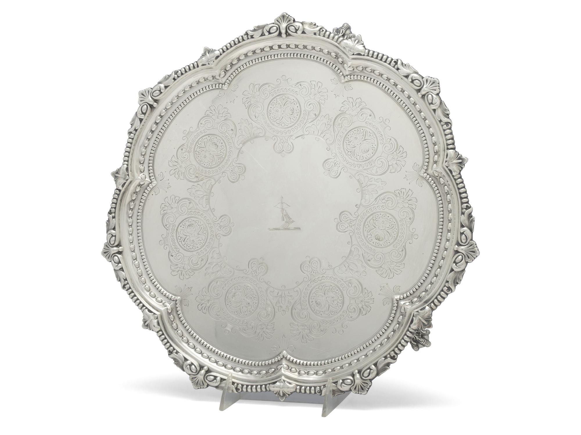 An Edwardian Armorial Engraved Silver Footed Tray