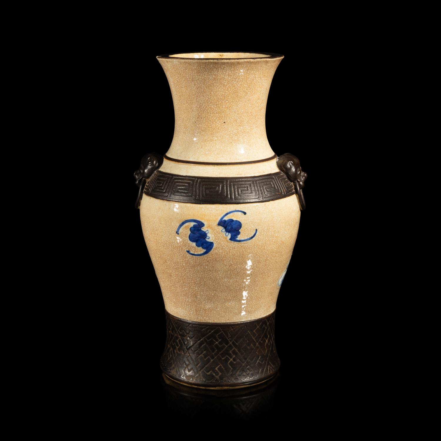 A Chinese Iron Decorated Crackled Glazed Ground Blue and White on Porcelain Vase, Late 19th-Early 20th Century — 晚清-民國 青花仿古雙耳瓶