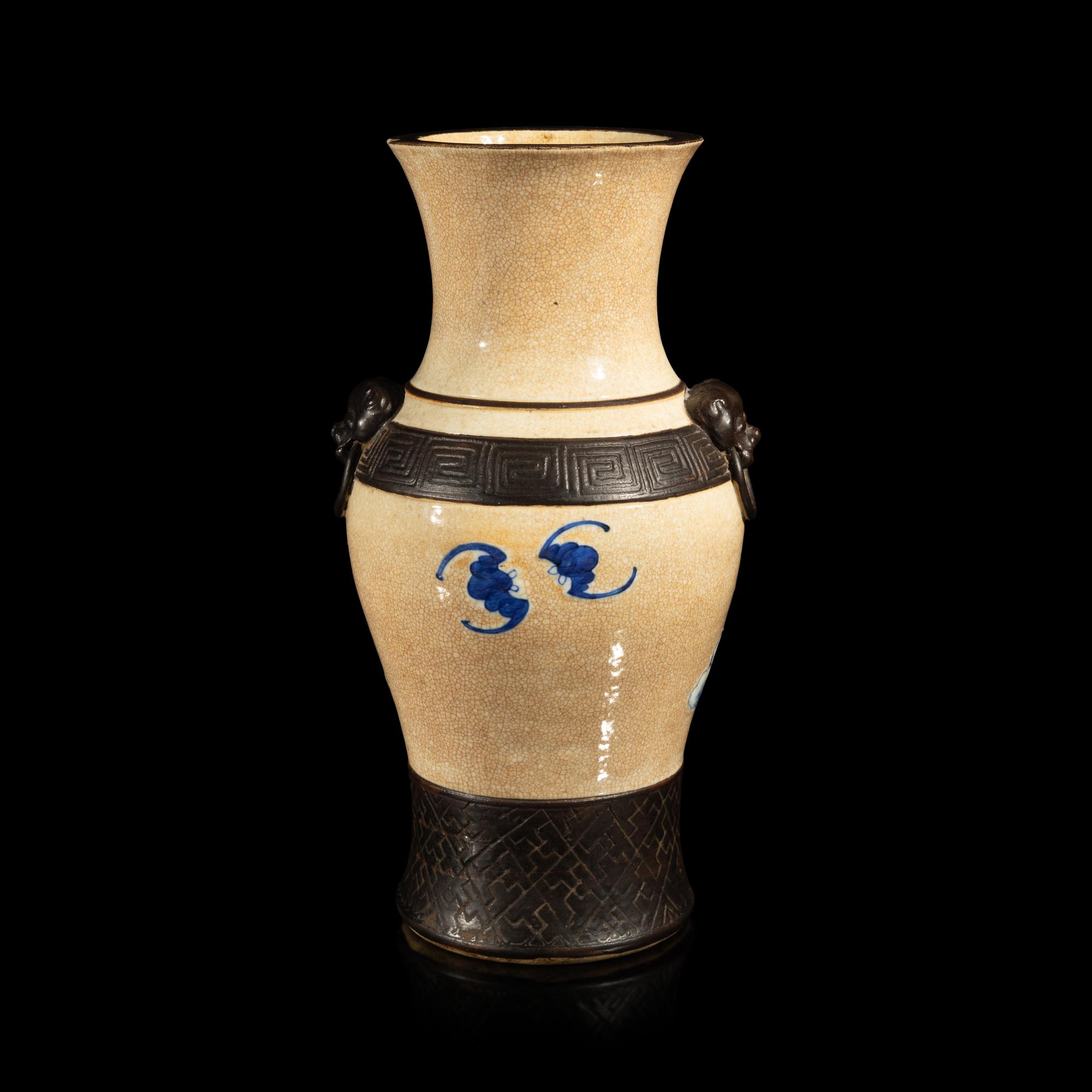 A Chinese Iron Decorated Crackled Glazed Ground Blue and White on Porcelain Vase, Late 19th-Early 20th Century — 晚清-民國 青花仿古雙耳瓶