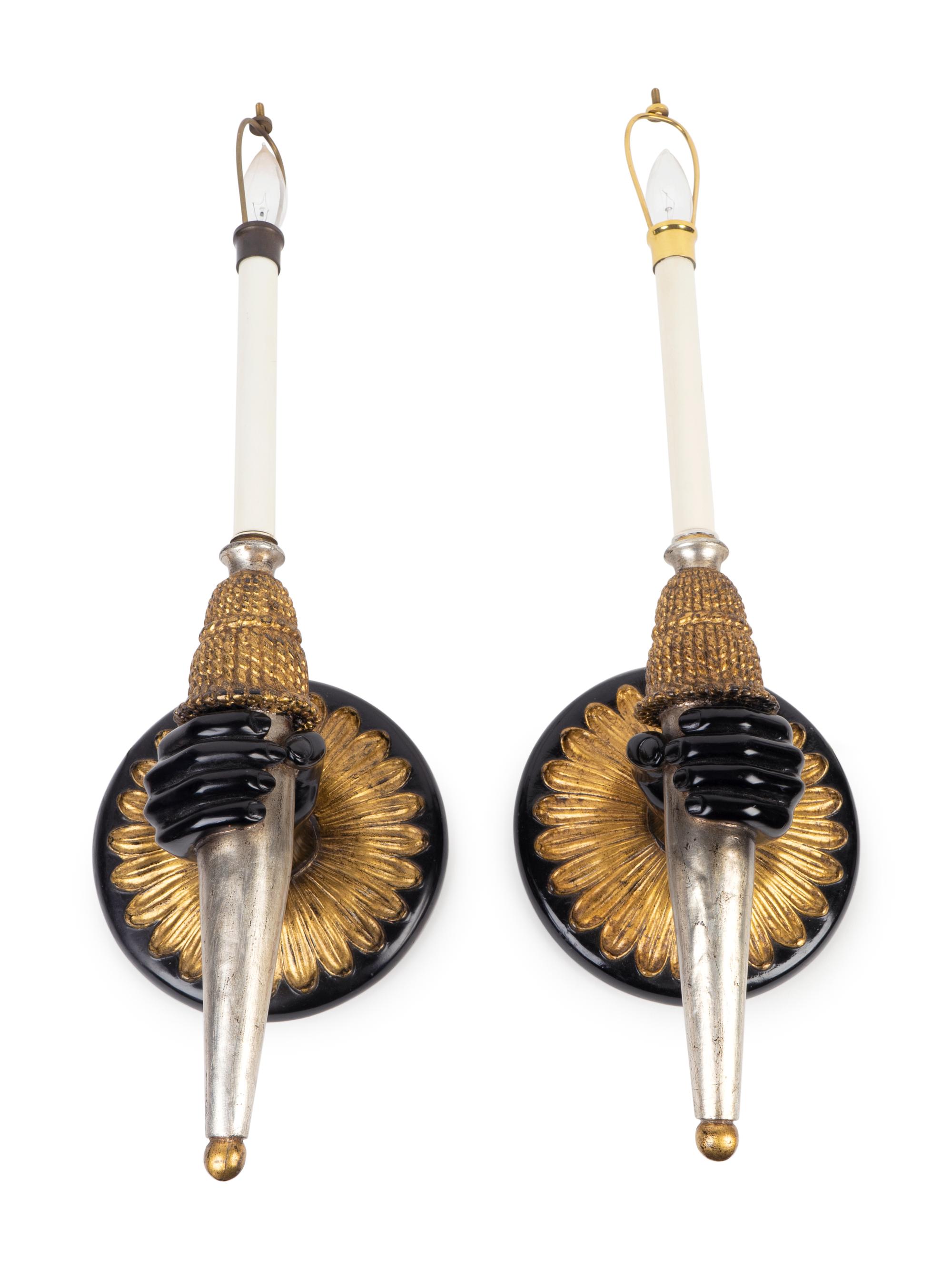 A Pair of Regency Style Parcel-Gilt and Ebonized Sconces — 20TH CENTURY