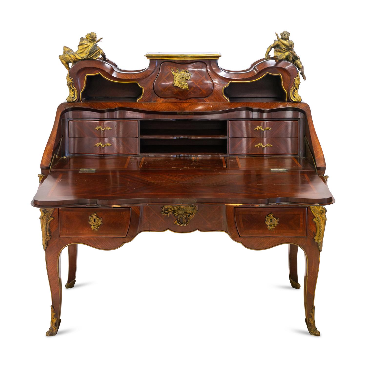 A Fine Louis XV Style Grazioli and Gaudenzi Gilt Bronze Mounted Parquetry Bureau en Pente