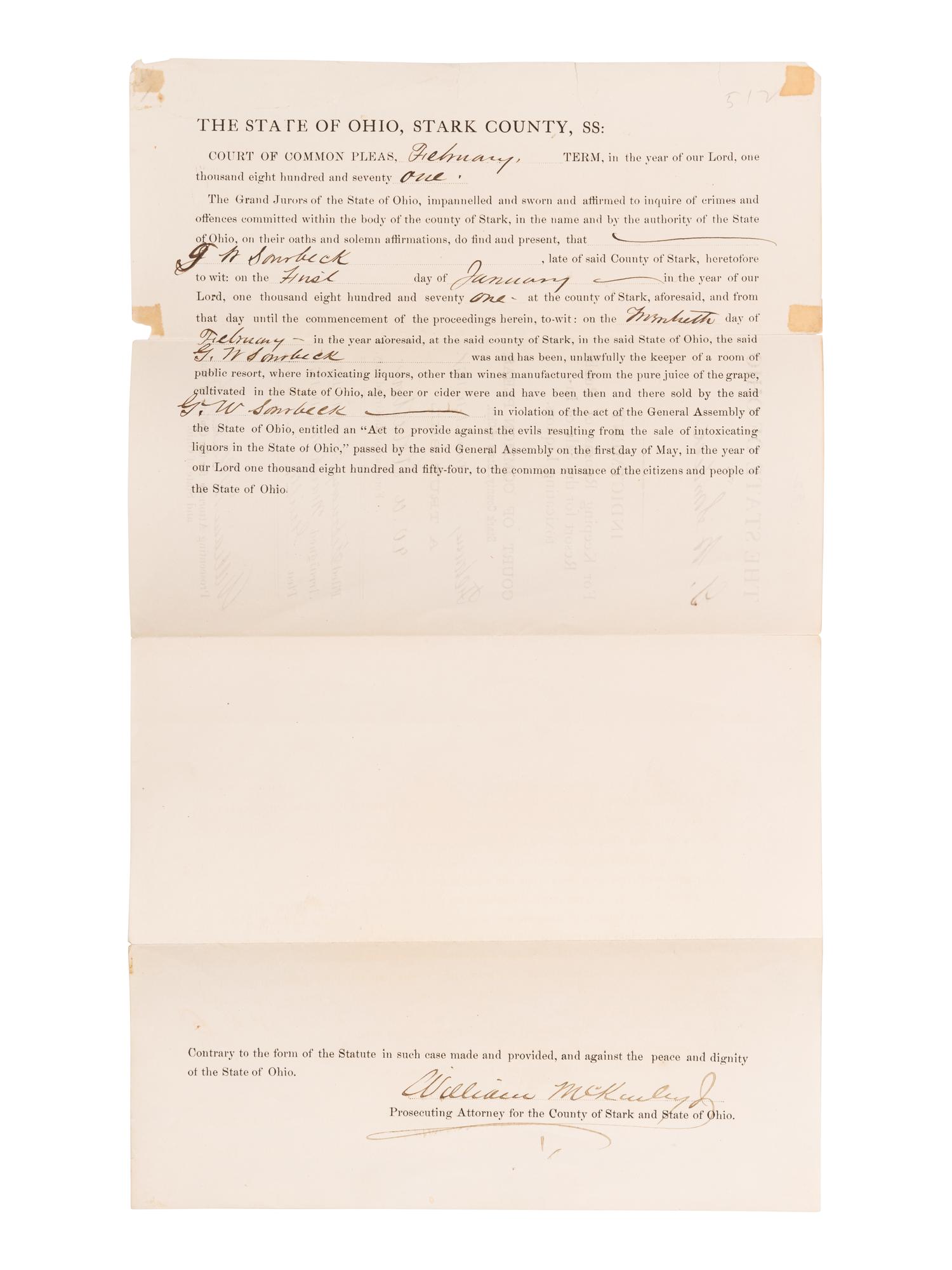 McKINLEY, WILIAM (1843-1901). Partly-printed document signed twice (“William McKinley, Jr.”) as Prosecuting Attorney for Stark County, Ohio. February Term, 1871.