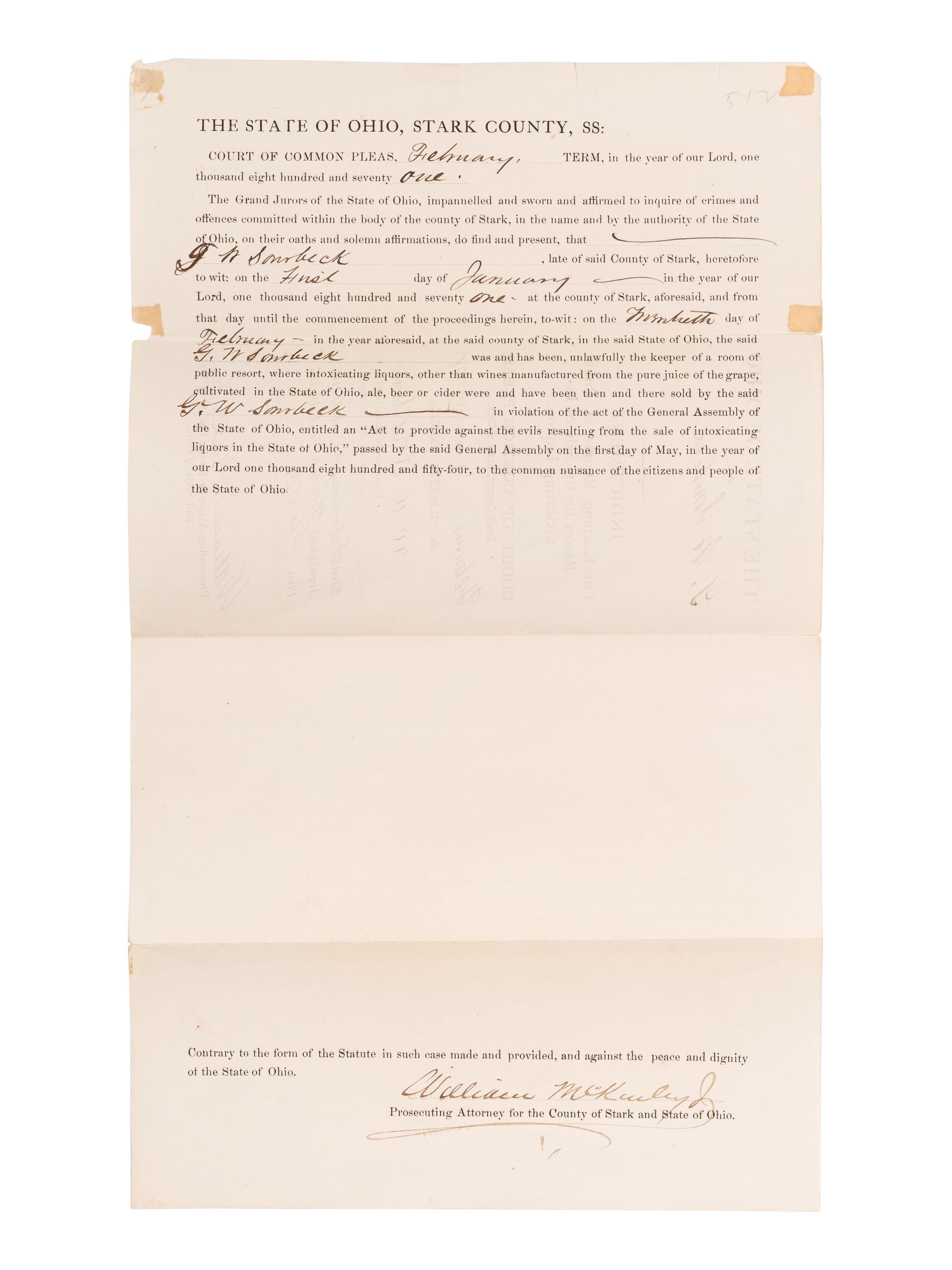 McKINLEY, WILIAM (1843-1901). Partly-printed document signed twice (“William McKinley, Jr.”) as Prosecuting Attorney for Stark County, Ohio. February Term, 1871.