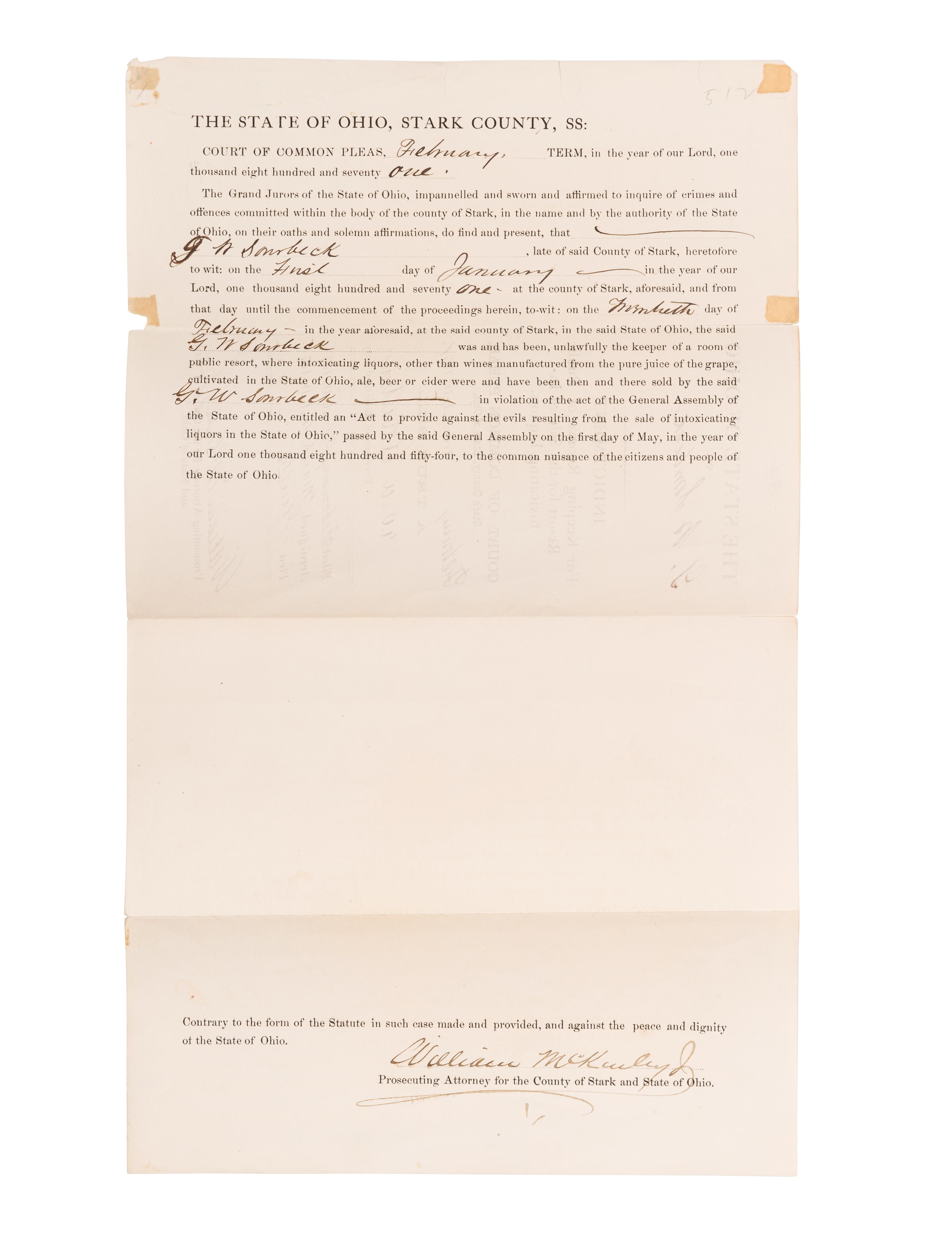 McKINLEY, WILIAM (1843-1901). Partly-printed document signed twice (“William McKinley, Jr.”) as Prosecuting Attorney for Stark County, Ohio. February Term, 1871.