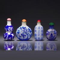 Four Chinese Blue Overlay Glass Snuff Bottles 涅白地套藍料鼻烟壺四支