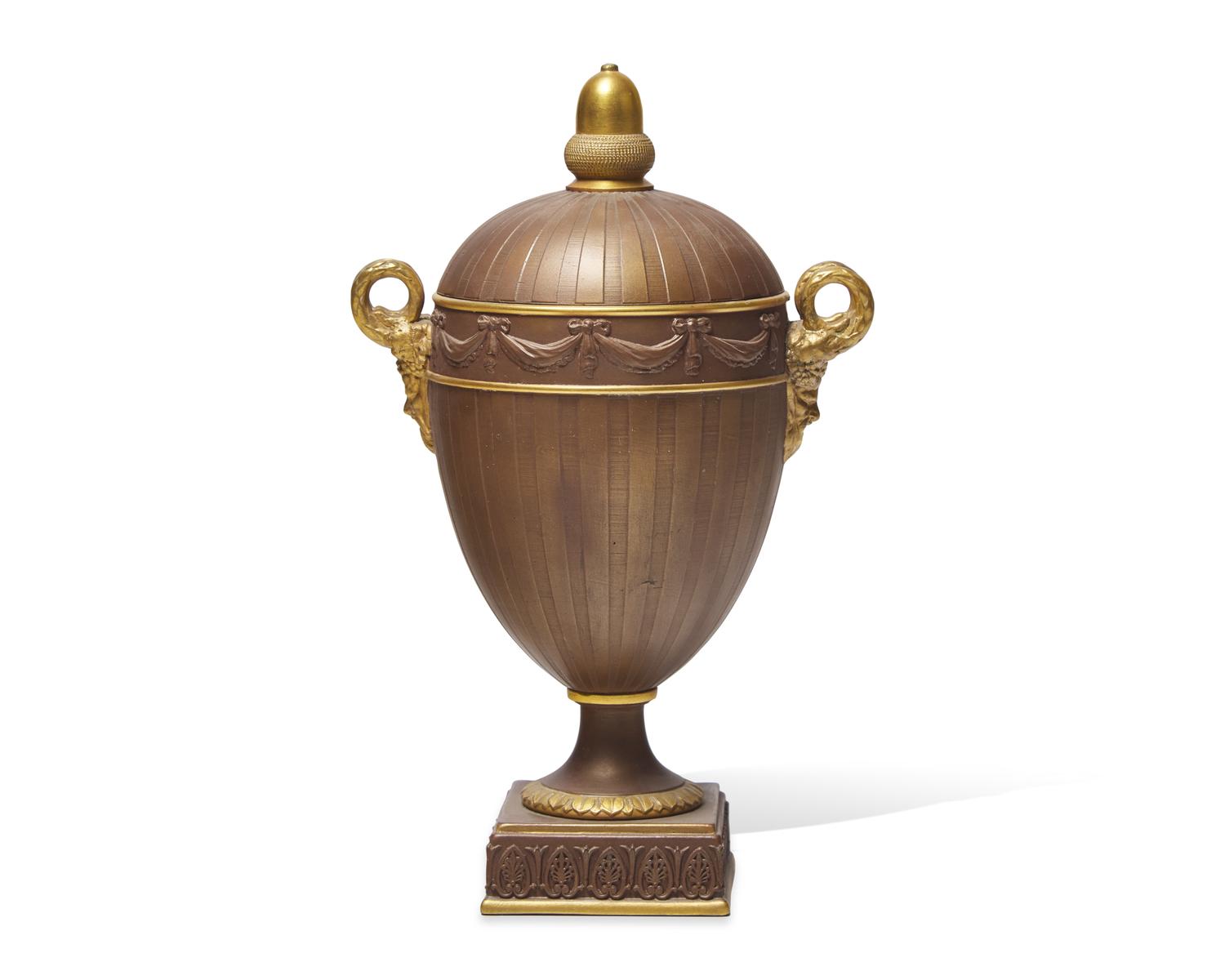 A Wedgwood Parcel-Gilt Brown Jasperware Covered Urn