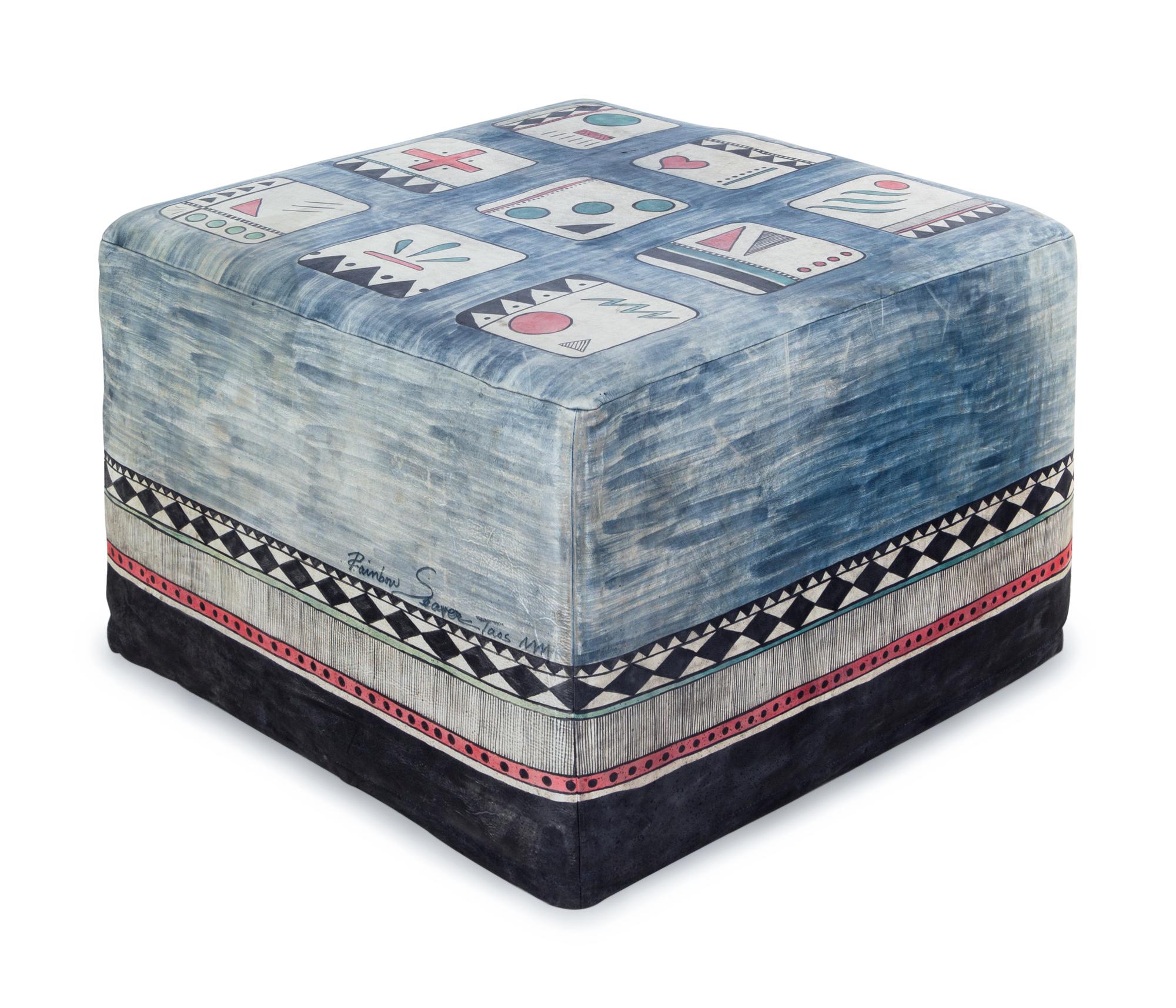 A Rainbow Seaver Southwestern American Indian Painted Leather Ottoman
