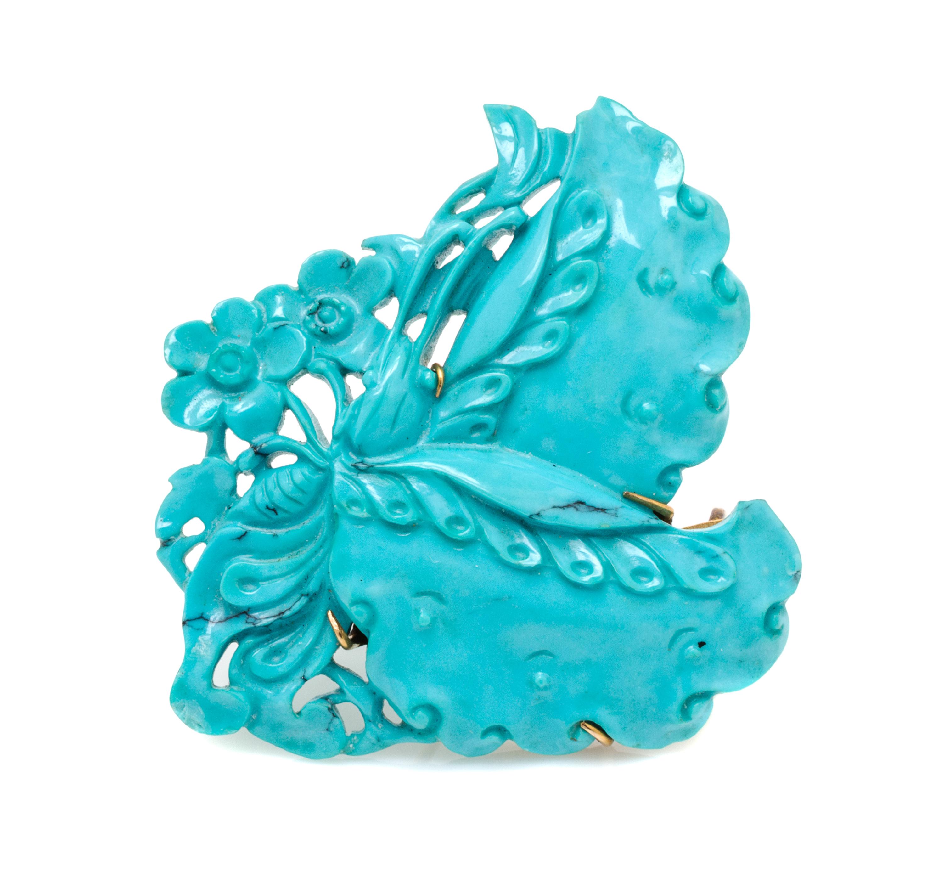 A 14 Karat Yellow Gold and Turquoise Butterfly Motif Brooch, 9.20 dwts.