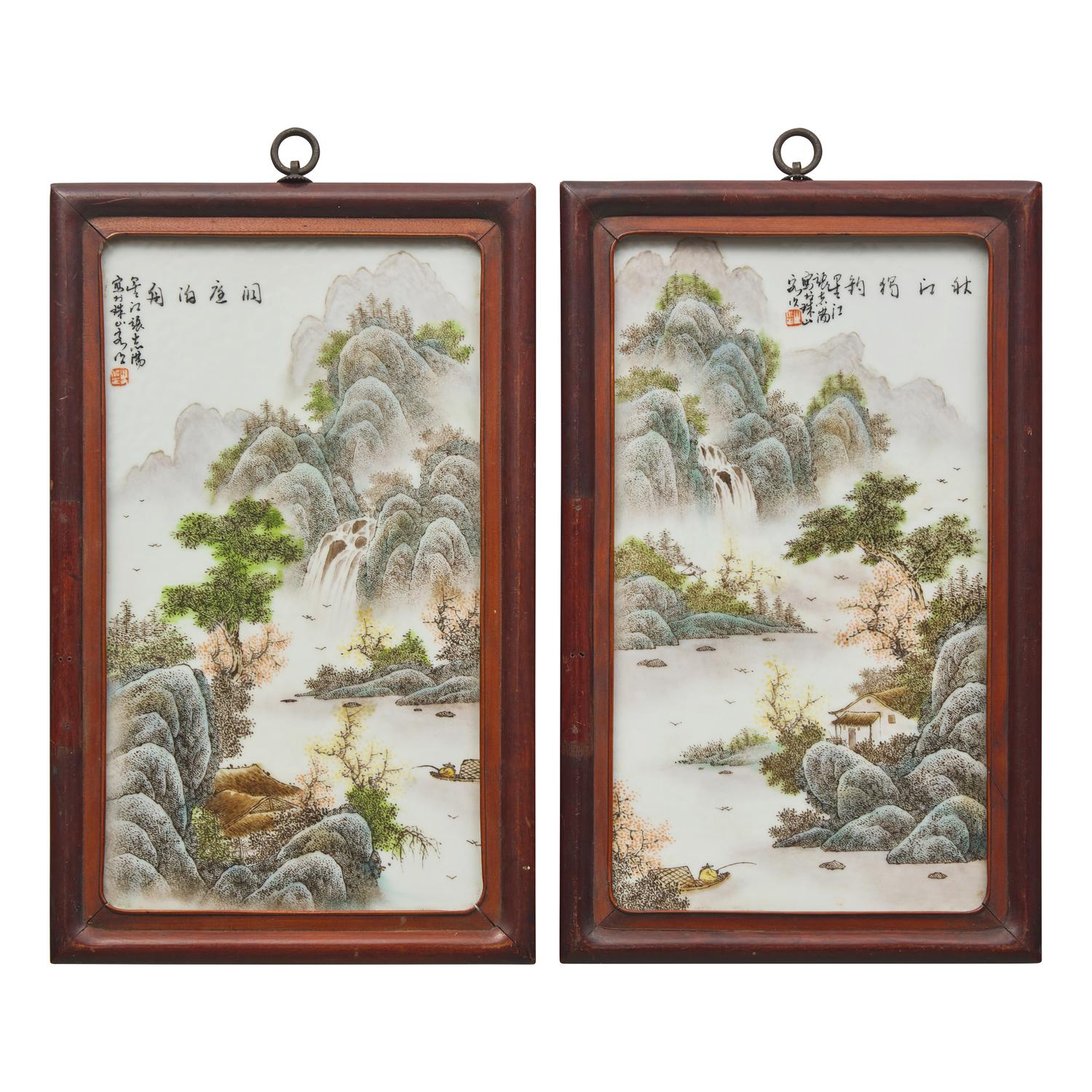 A Pair of Chinese Enameled Porcelain Landscape Plaques, Signed Zhang Zhitang — 張志湯款 粉彩山水掛屏一對