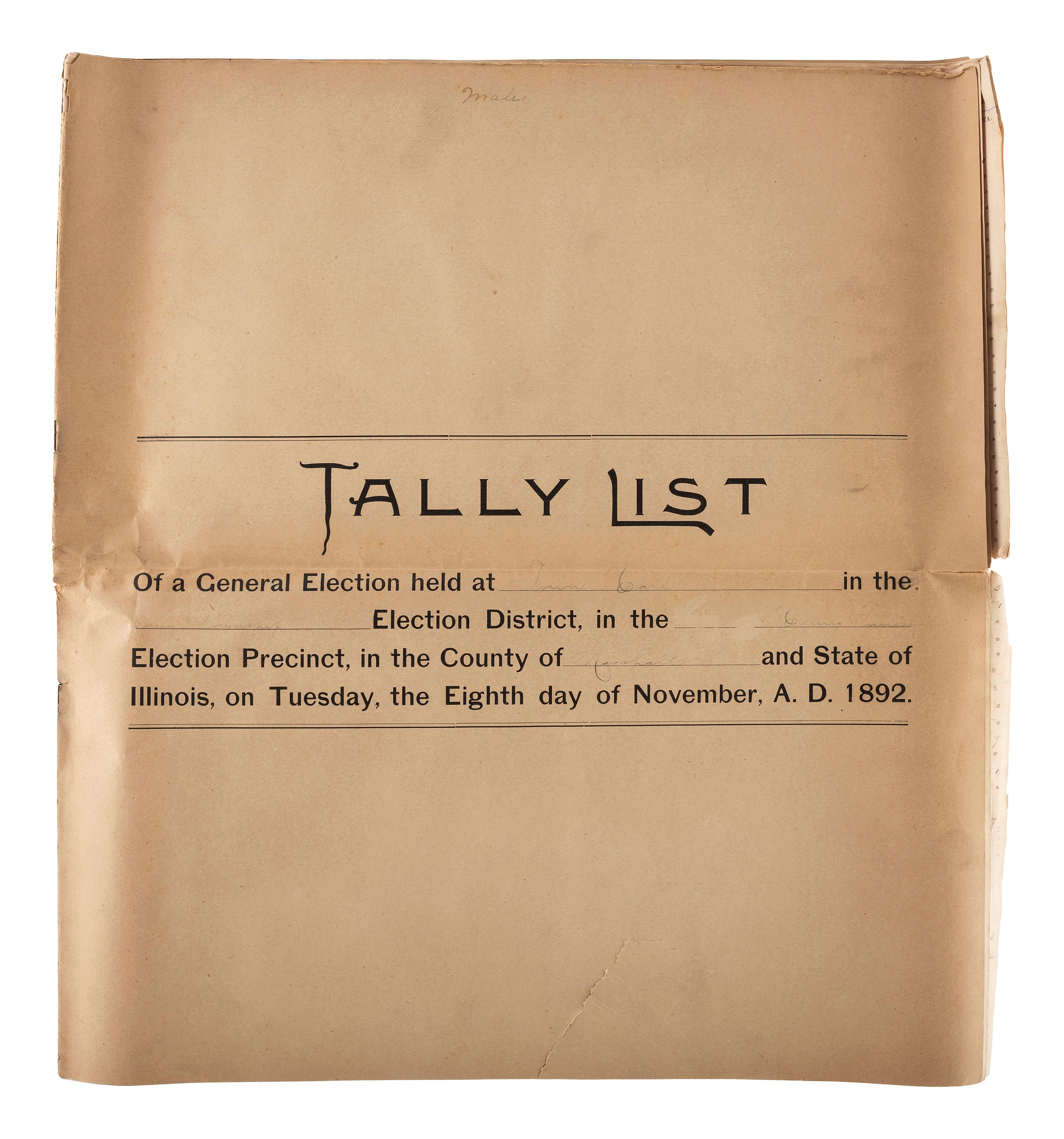 [WOMEN'S SUFFRAGE]. Very early women's ballot list. [Illinois], 5 April 1898. [ With :] Illinois register of electors. Henry Township, Marshall County, Illinois, 1890-1900.
