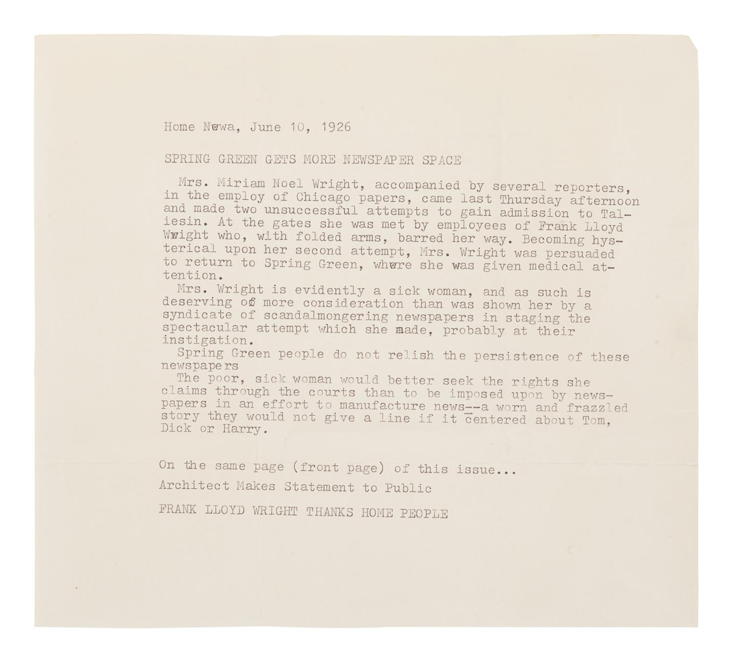 WRIGHT, Frank Lloyd (1867-1959). Autograph manuscript signed ("Frank Lloyd Wright"), entitled "To the Countryside," numerous holograph emendations and corrections in ink, several in pencil or purple pencil. N.p. [Taliesin?], [June 1926]. 2 pages, 4to, creased.