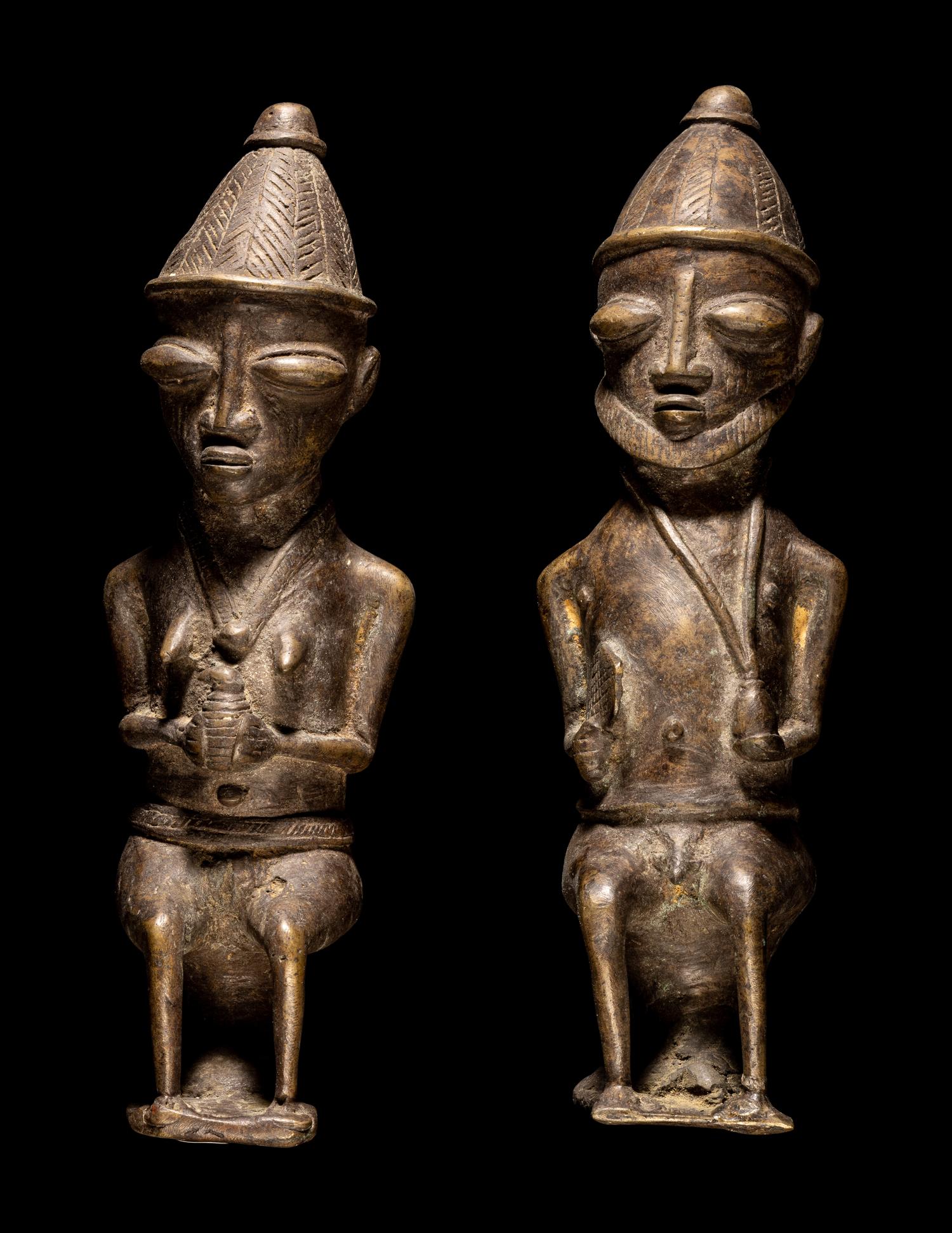 Two Ogboni Brass Male and Female Seated Figures
