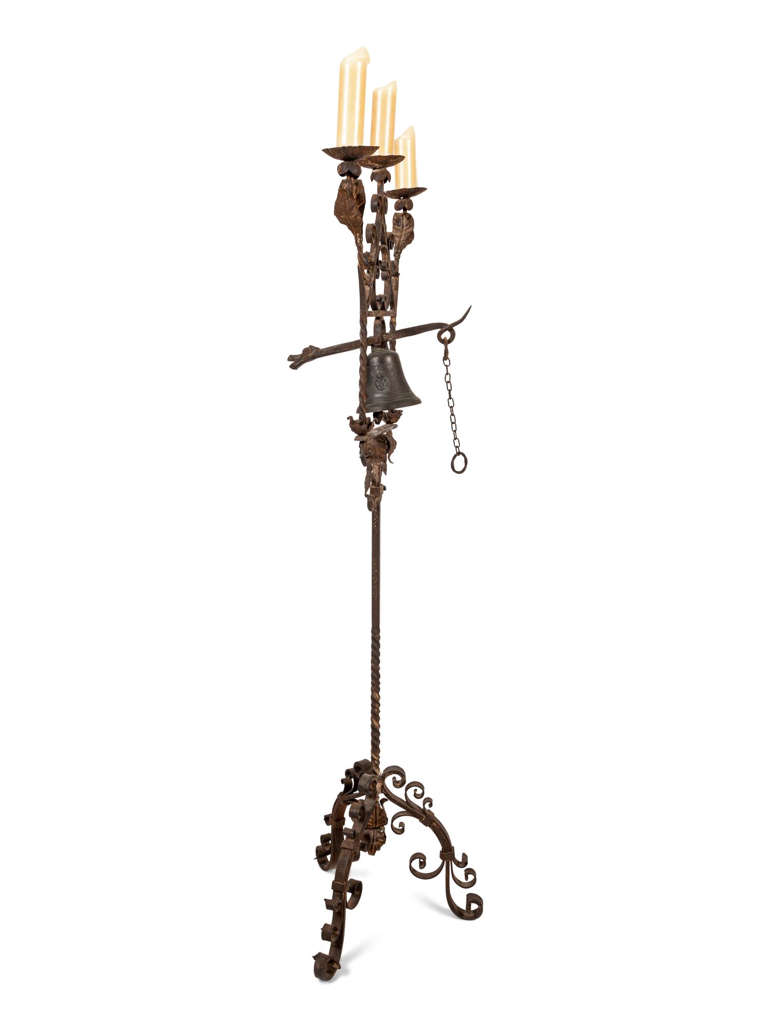 A Spanish Baroque Style Wrought Iron Torchère with Bell
