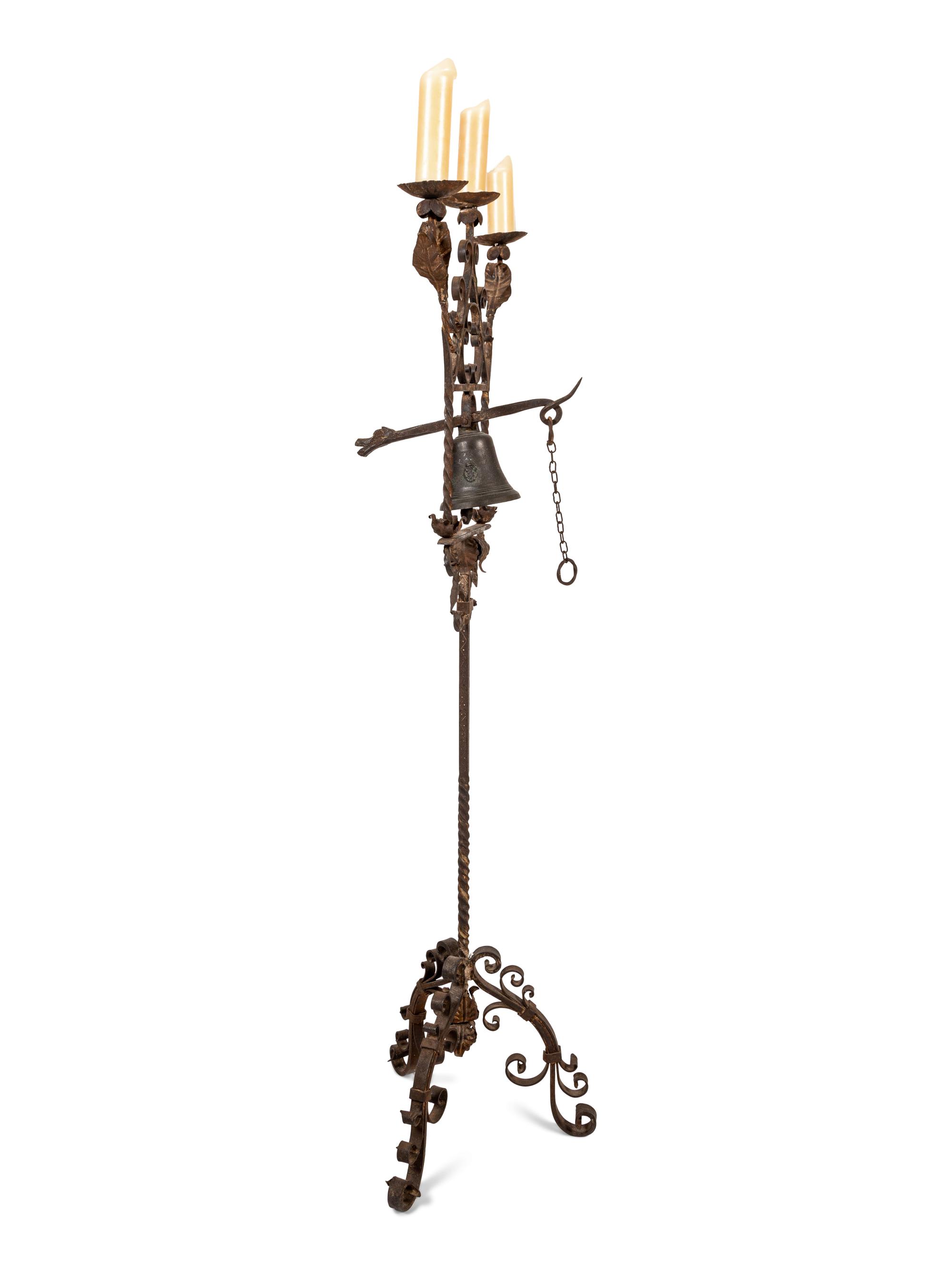 A Spanish Baroque Style Wrought Iron Torchère with Bell