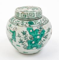 A Small Famille Verte Porcelain Jar and Cover Height 5 3/4 inches.