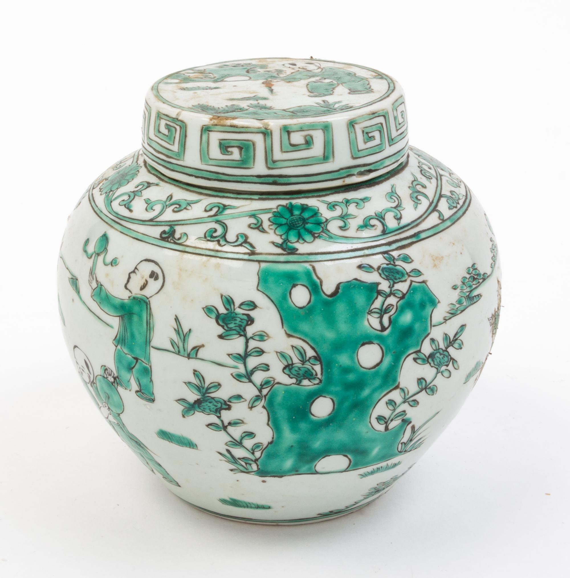 A Small Famille Verte Porcelain Jar and Cover Height 5 3/4 inches.