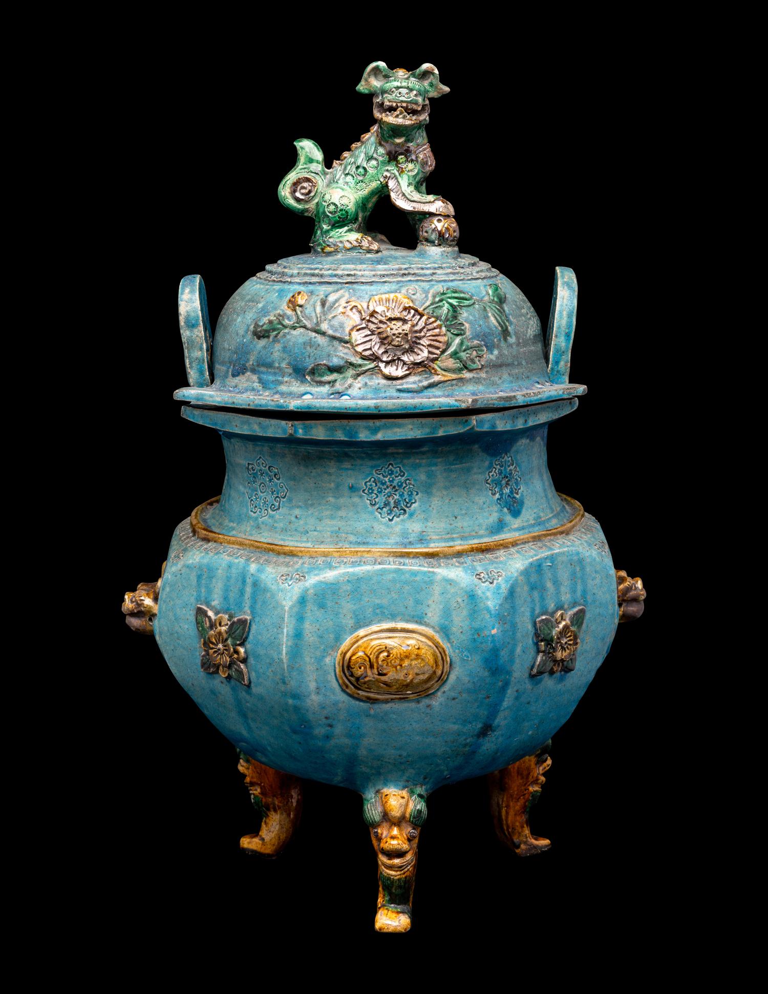 A Chinese Fahua Porcelain Incense Burner and Cover