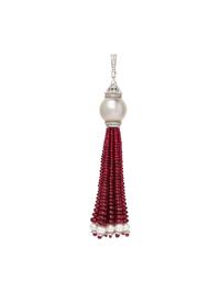 CULTURED SOUTH SEA PEARL, RUBY AND DIAMOND TASSEL PENDANT