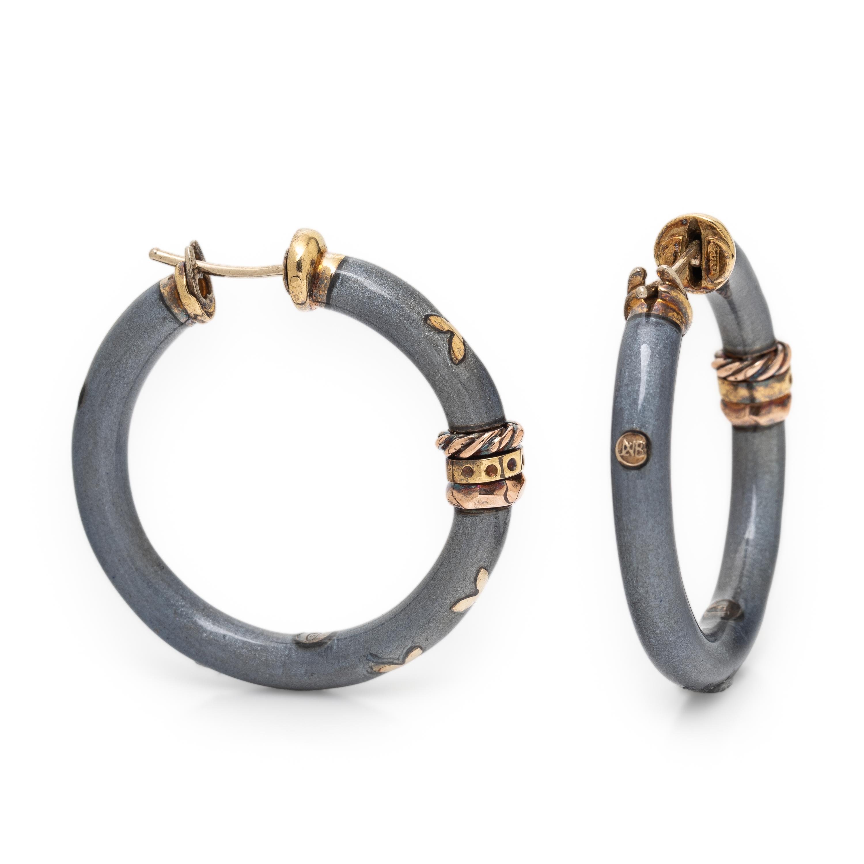 La Nouvelle Bague, Sterling Silver, Yellow Gold, and Enamel Hoop Earrings