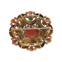 CORAL, EMERALD AND DIAMOND BROOCH