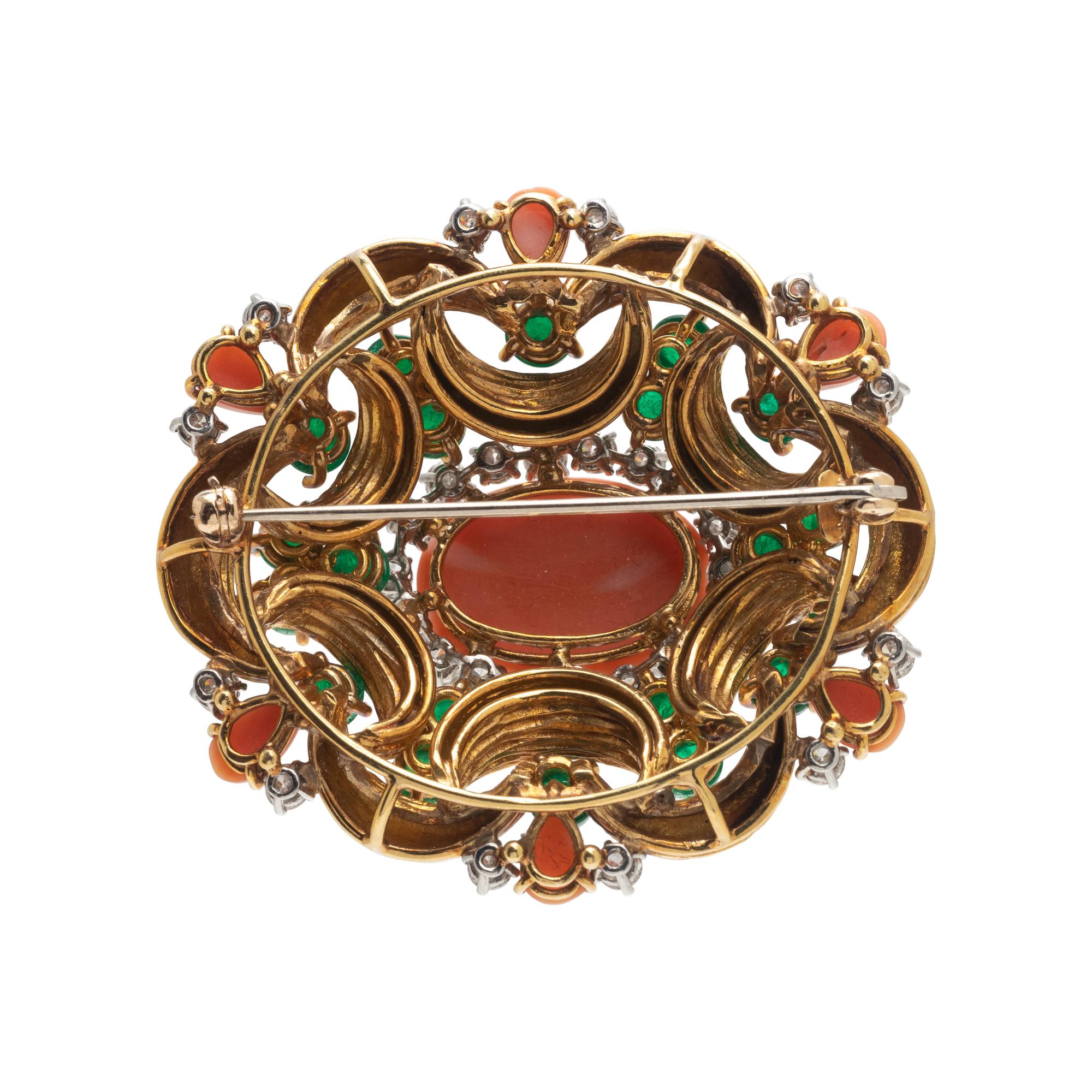 CORAL, EMERALD AND DIAMOND BROOCH