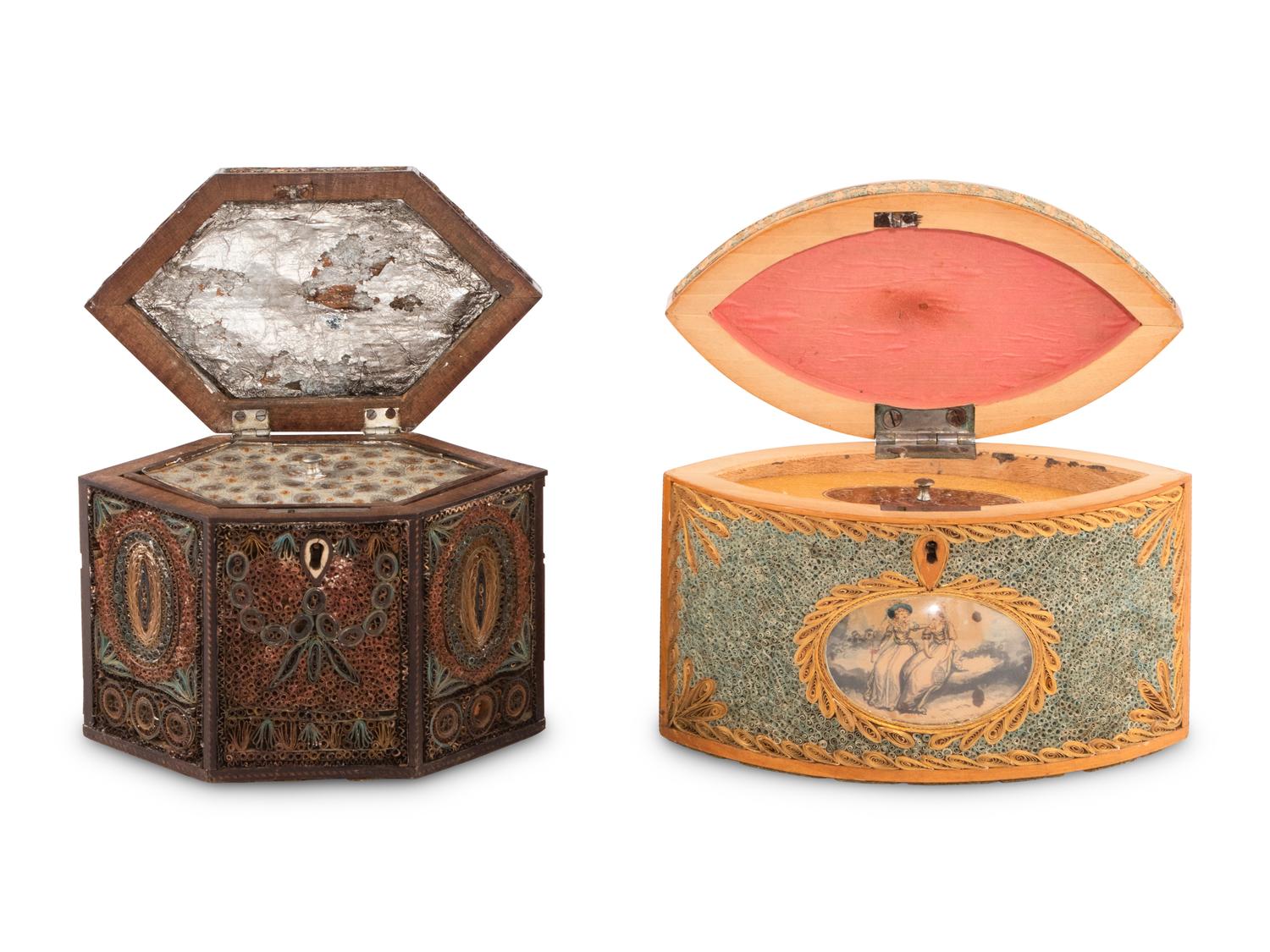 Two English Rolled-Paper Decorated Tea Caddies