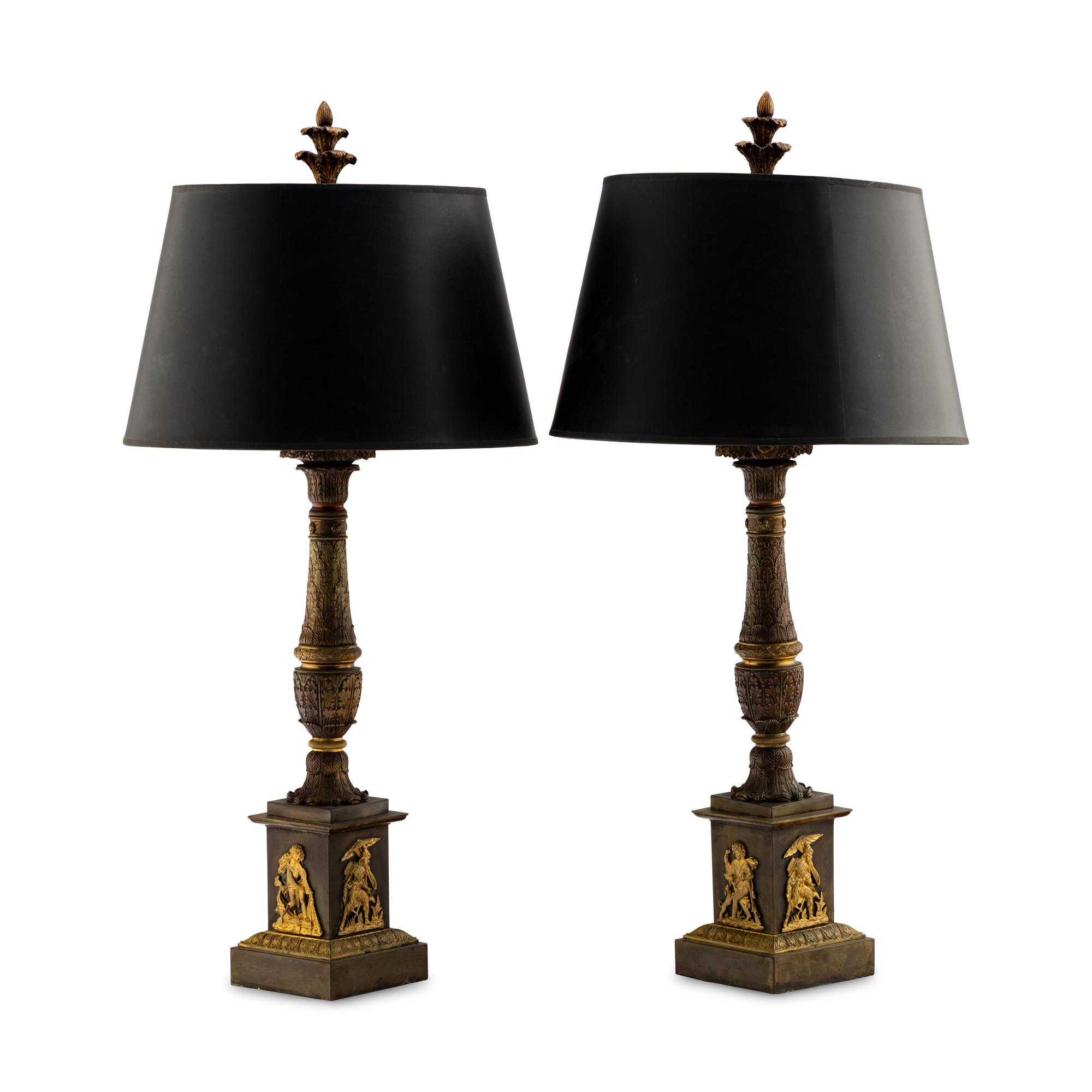 A Pair of French Parcel Gilt Bronze Columnar Lamps