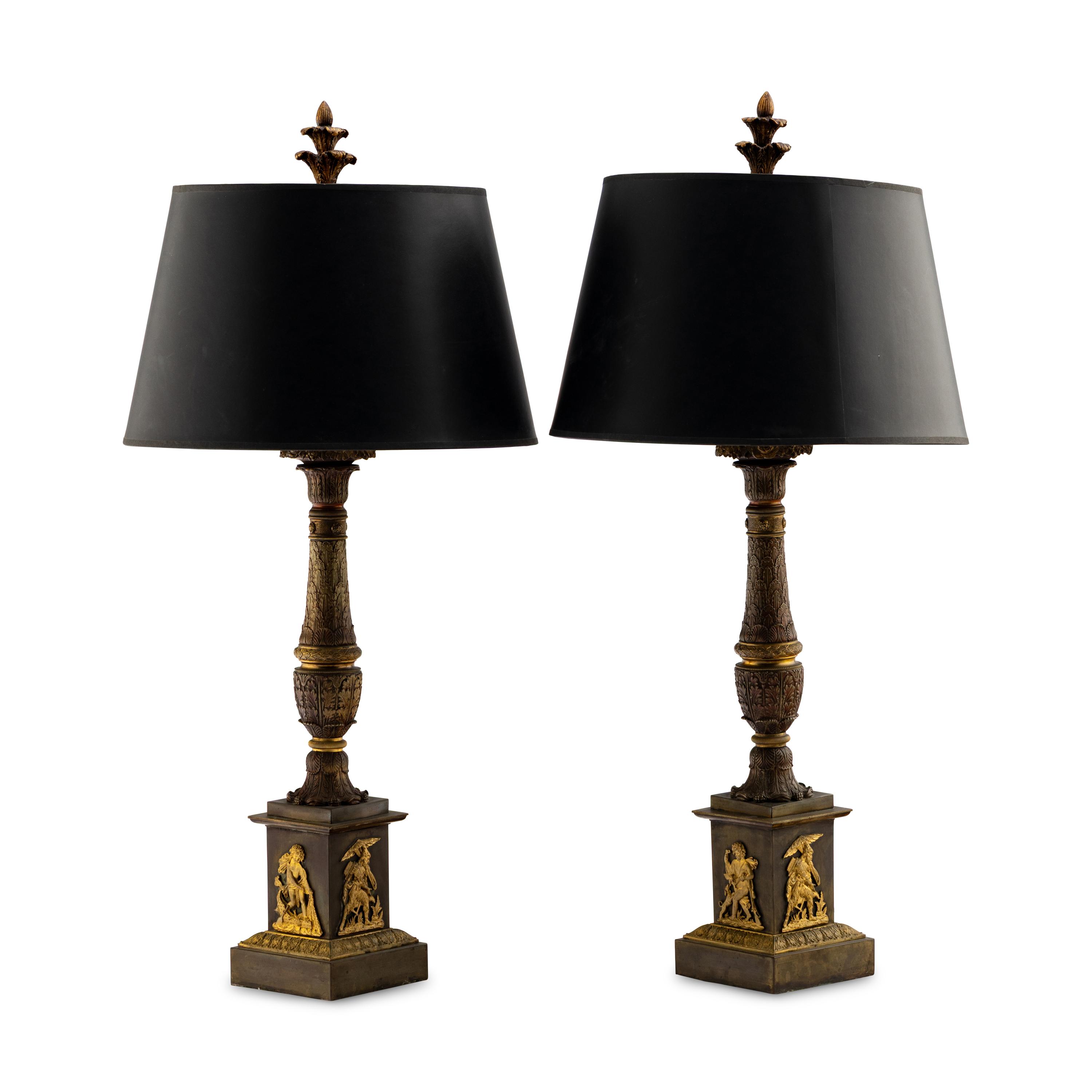 A Pair of French Parcel Gilt Bronze Columnar Lamps
