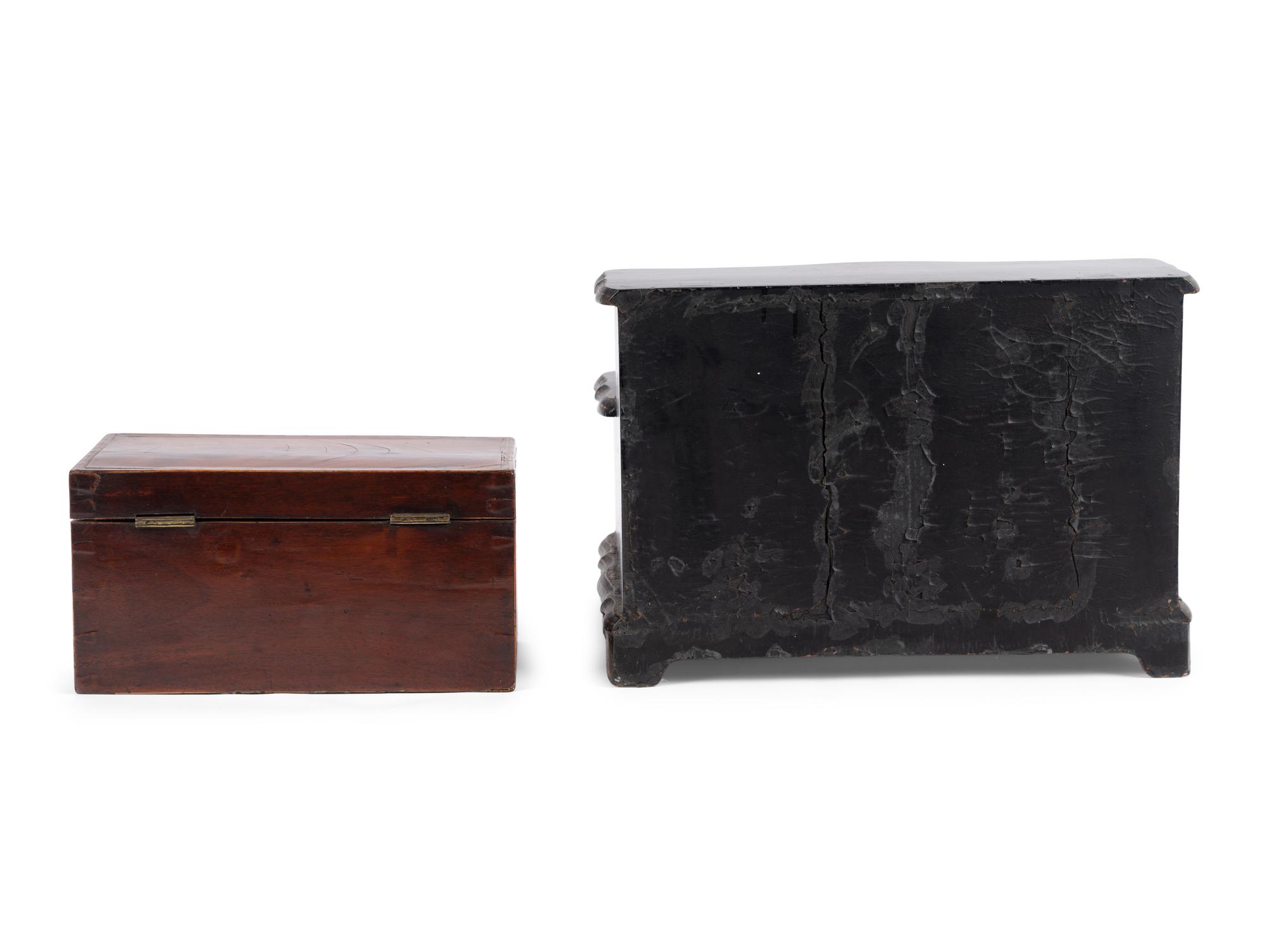 An English Mahogany Tea Caddy and an English Japanned Dressing Box