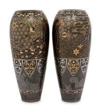 A Pair of Japanese Inlaid Iron 'Komai' Vases
