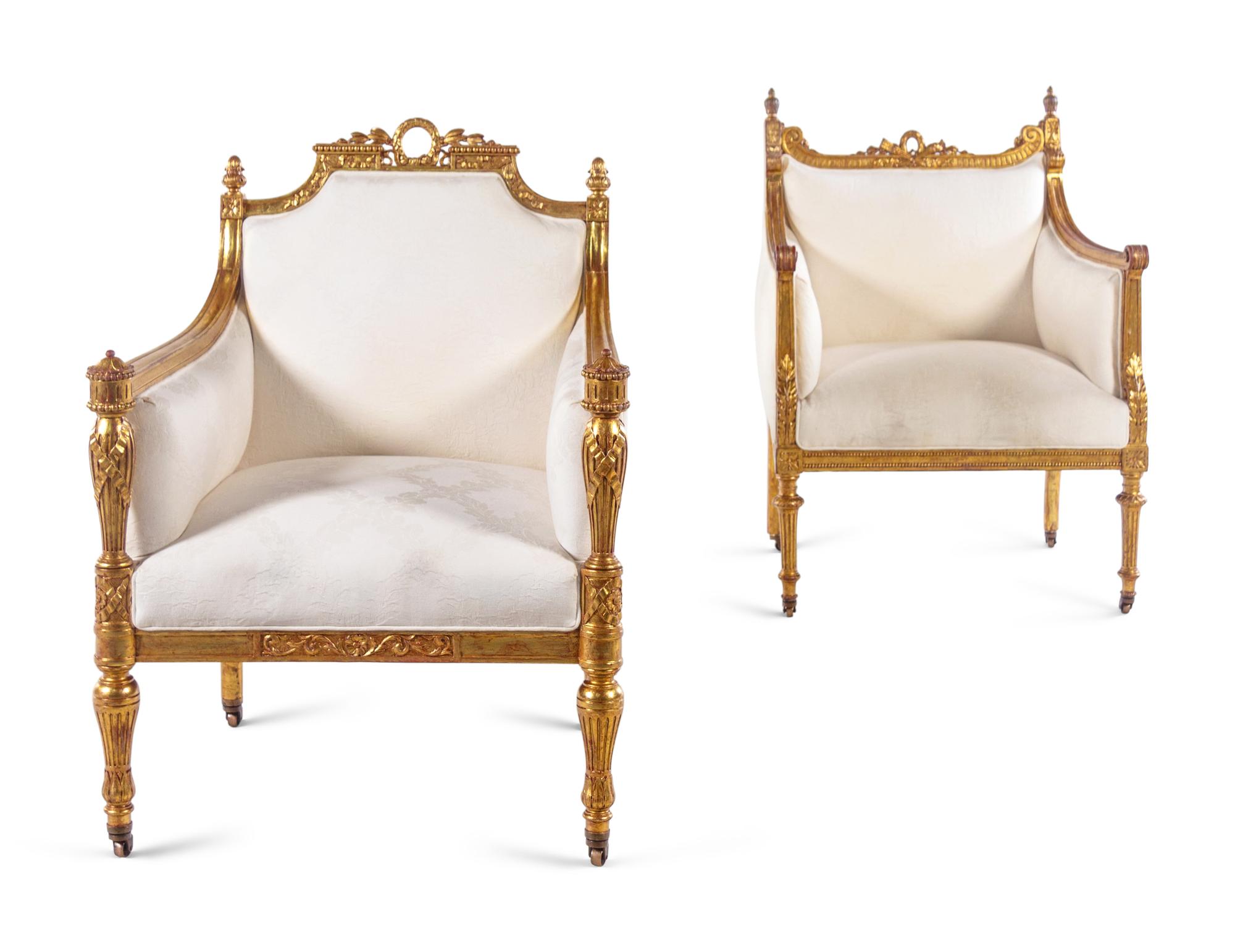 Two Louis XVI Style Carved Giltwood Bergères