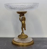 A Continental Gilt Metal Mounted Cut Glass Figural Tazza. Height 11 1/4 inches.
