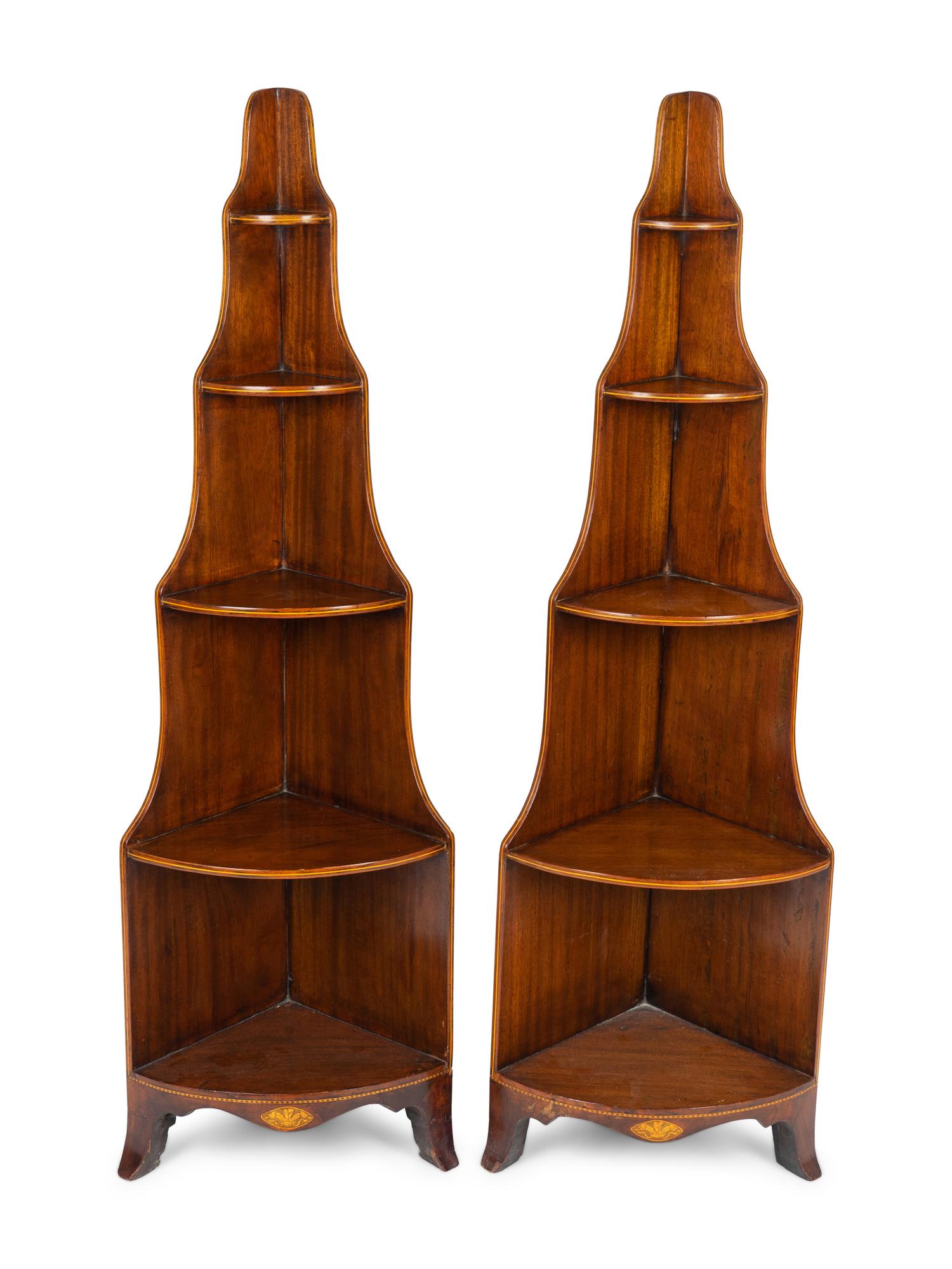 A Pair of George III Satinwood Inlaid Mahogany Five-Tier Corner Etageres — 19TH CENTURY