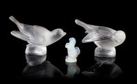 Lalique, two molded and frosted glass figures, depicting birds, together with a Sabino glass dog