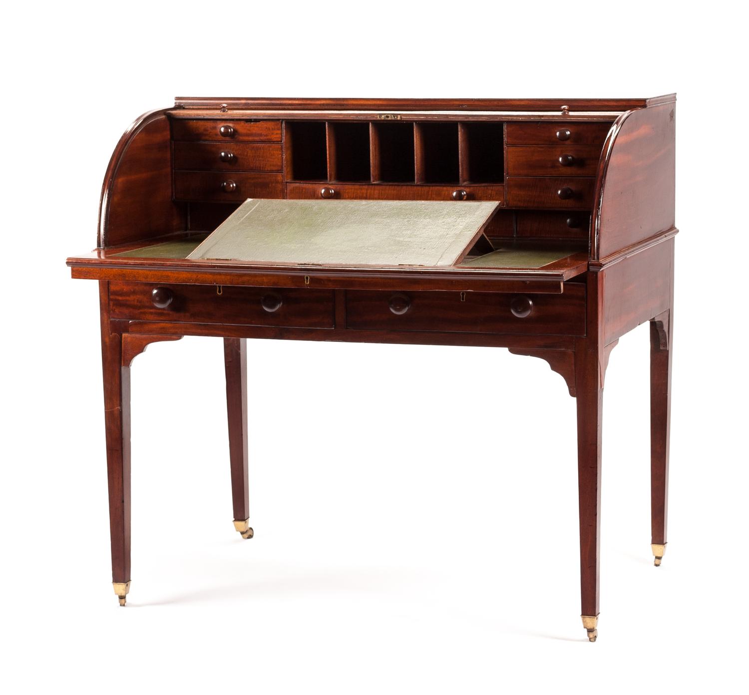 A Georgian Style Mahogany Cylinder Desk Height 42 x width 42 1/4 x depth 28 1/2 inches. — LATE 19TH/EARLY 20TH CENTURY